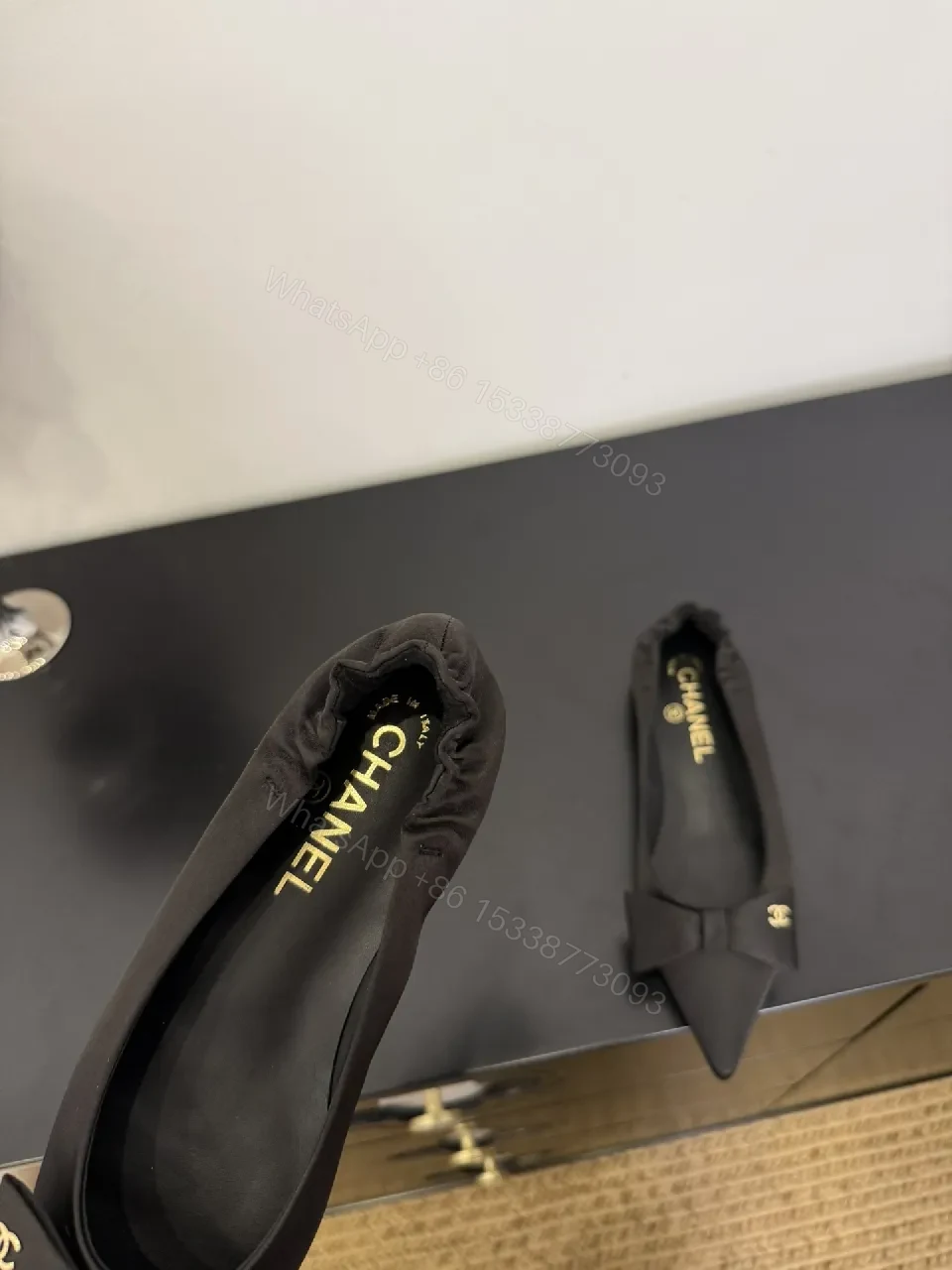View 7 of Black Satin Pointed-Toe Mules with Bow Detail