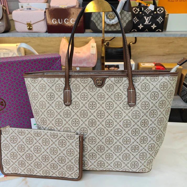 View 7 of First Copy Tory Burch T Monogram Large Zip Tote Bag Biege