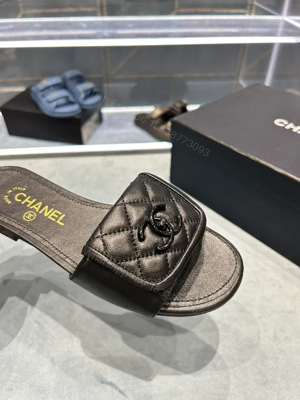 View 3 of Black Leather Quilted Sliders | Luxe Comfort Footbed | Slide Shoes