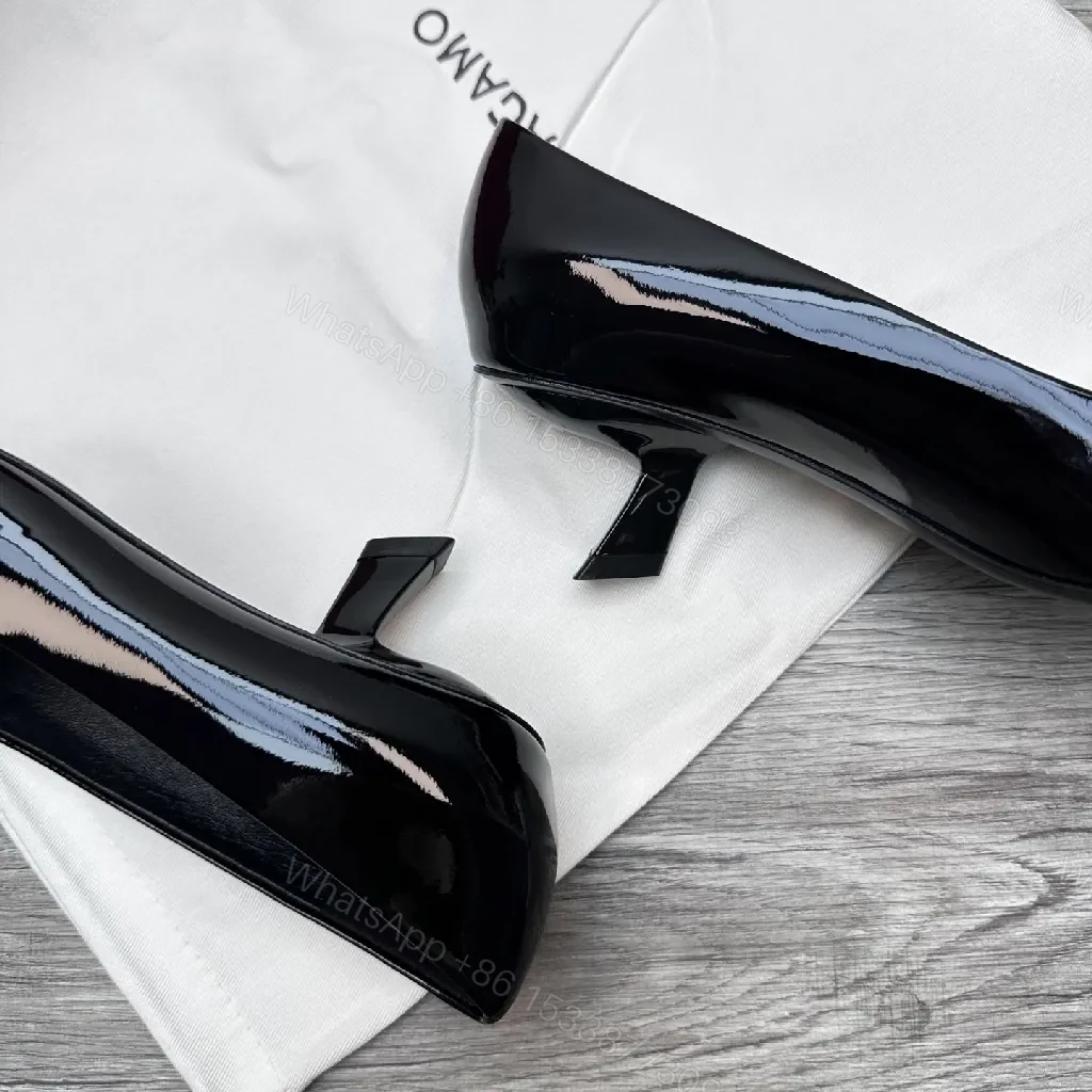 View 8 of Glossy Patent Pumps with Bow Detail, Black, 2.5" Heel