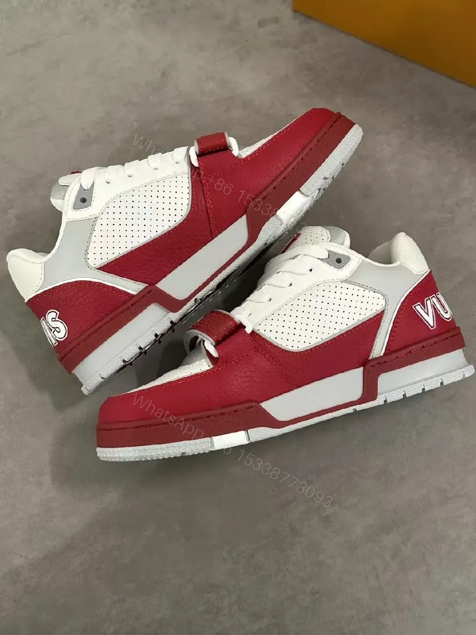 View 2 of Bold White & Burgundy Leather Trainer with LV-Style Details