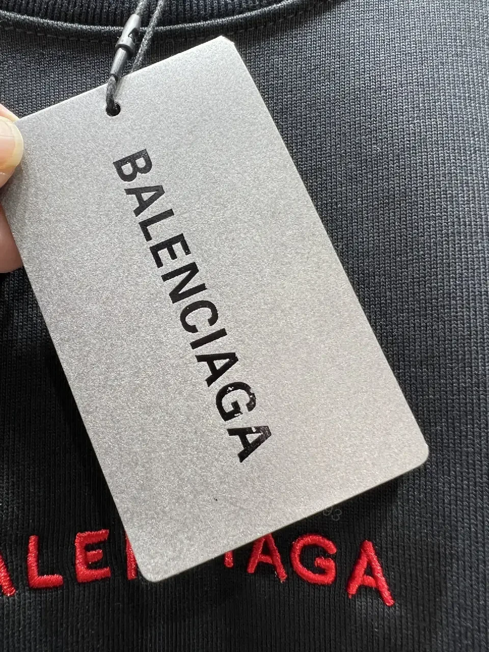 View 10 of Black Cotton Crewneck Tee with Subtle Red Logo Embroidery