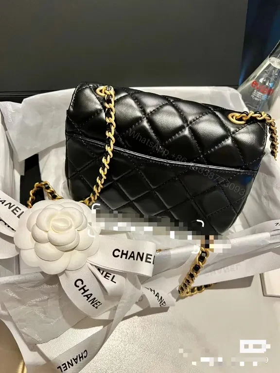View 3 of Quilted Black Leather Flap Bag with Gold Logo Charm