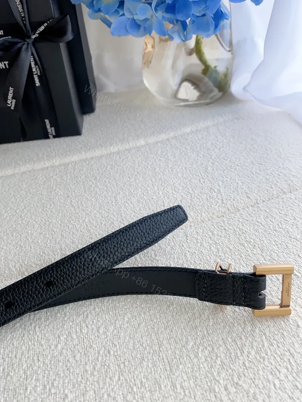 View 6 of Black Leather Belt with Matte Gold Buckle – Designer-Inspired Luxury Accessory