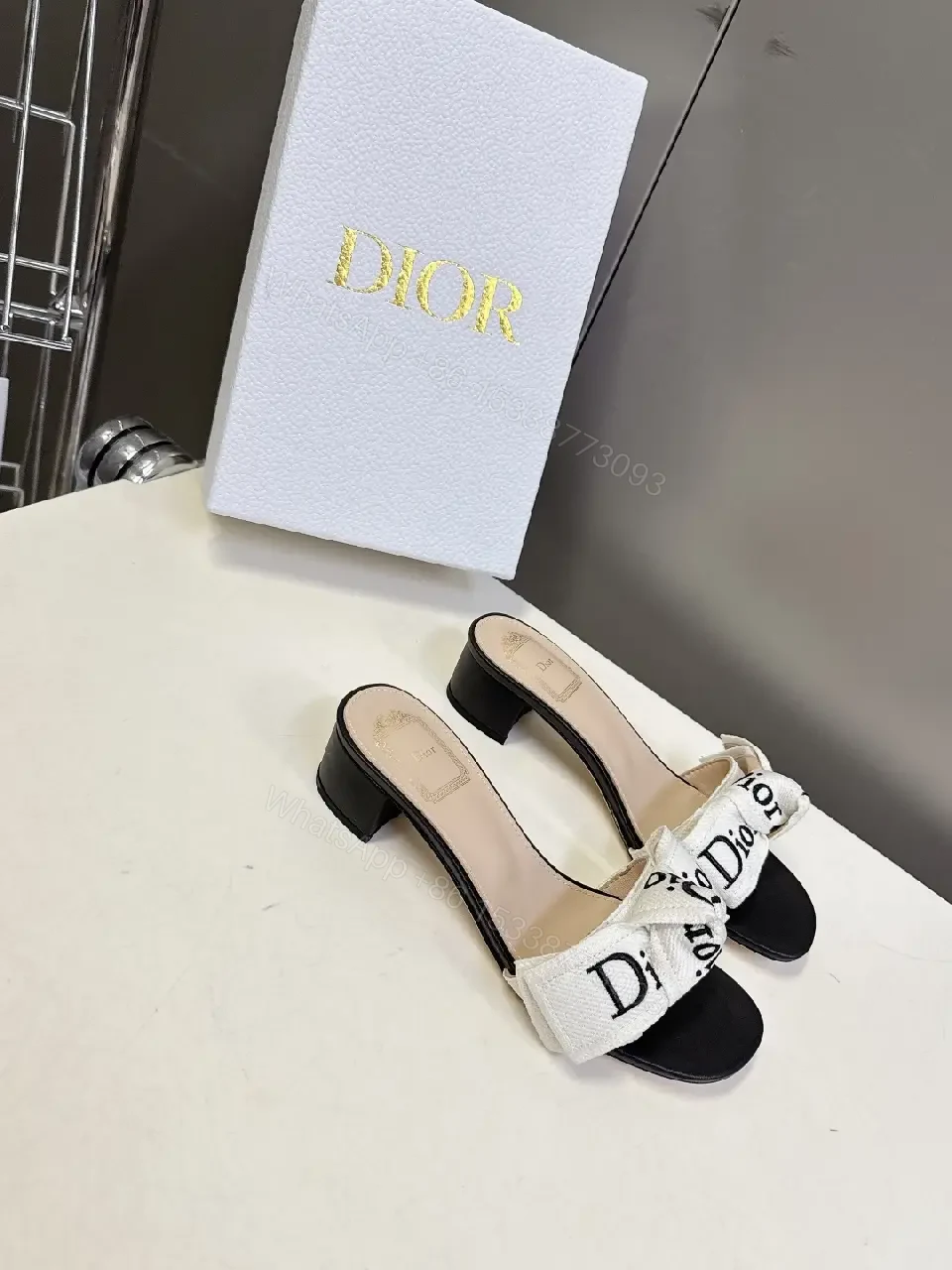 View 4 of White Metalized Bow Dior-Logo Canvas Sandals