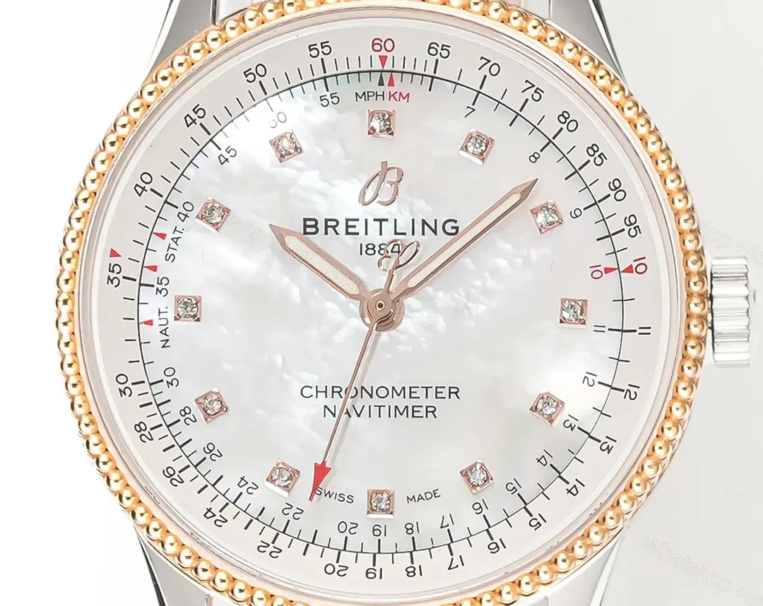 View 3 of JF Factory Breitling Women’s Navitimer Automatic Chronograph Watch – White Mother-of-Pearl Dial, Stainless Steel Case, White Leather Strap