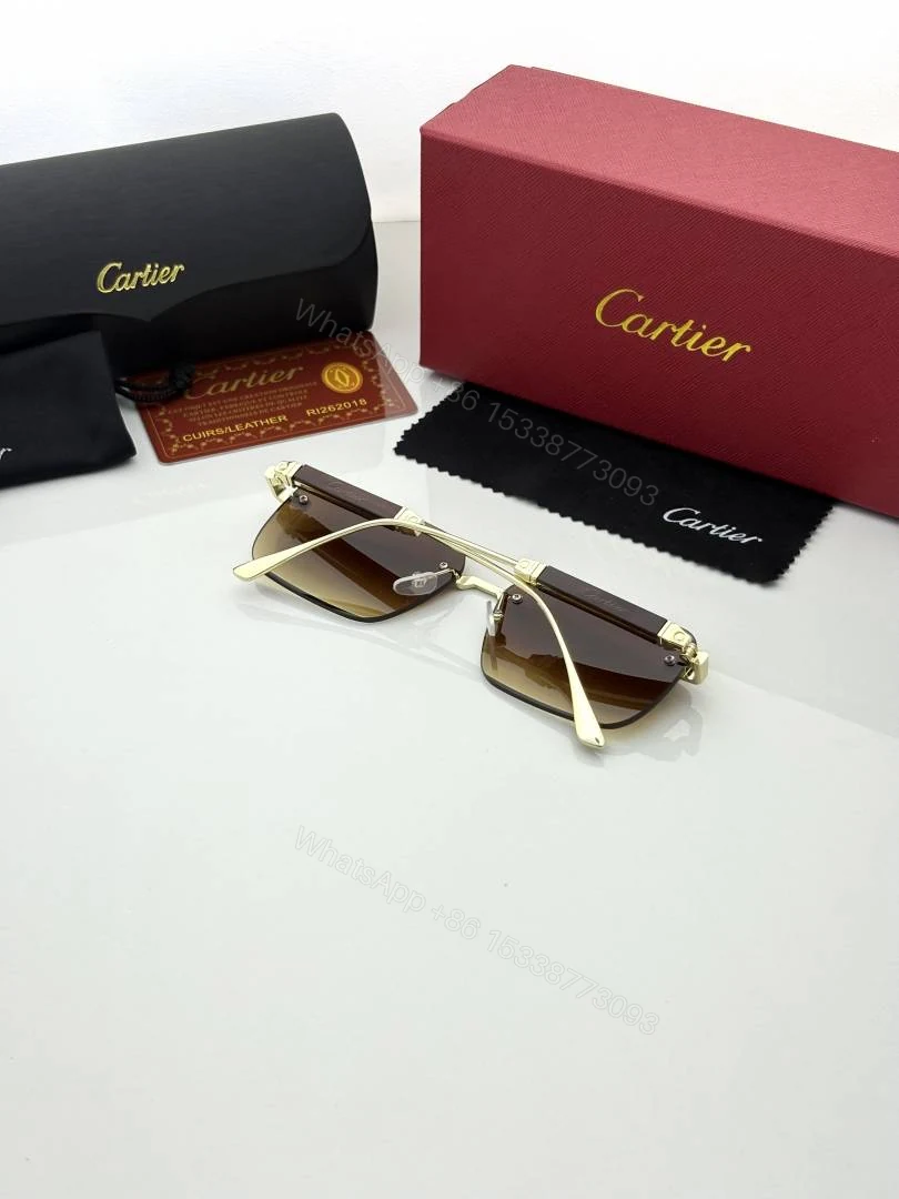 View 4 of First Copy Cartier Rimless Gold Square Sunglasses Brown Gradient Unisex UV Protection