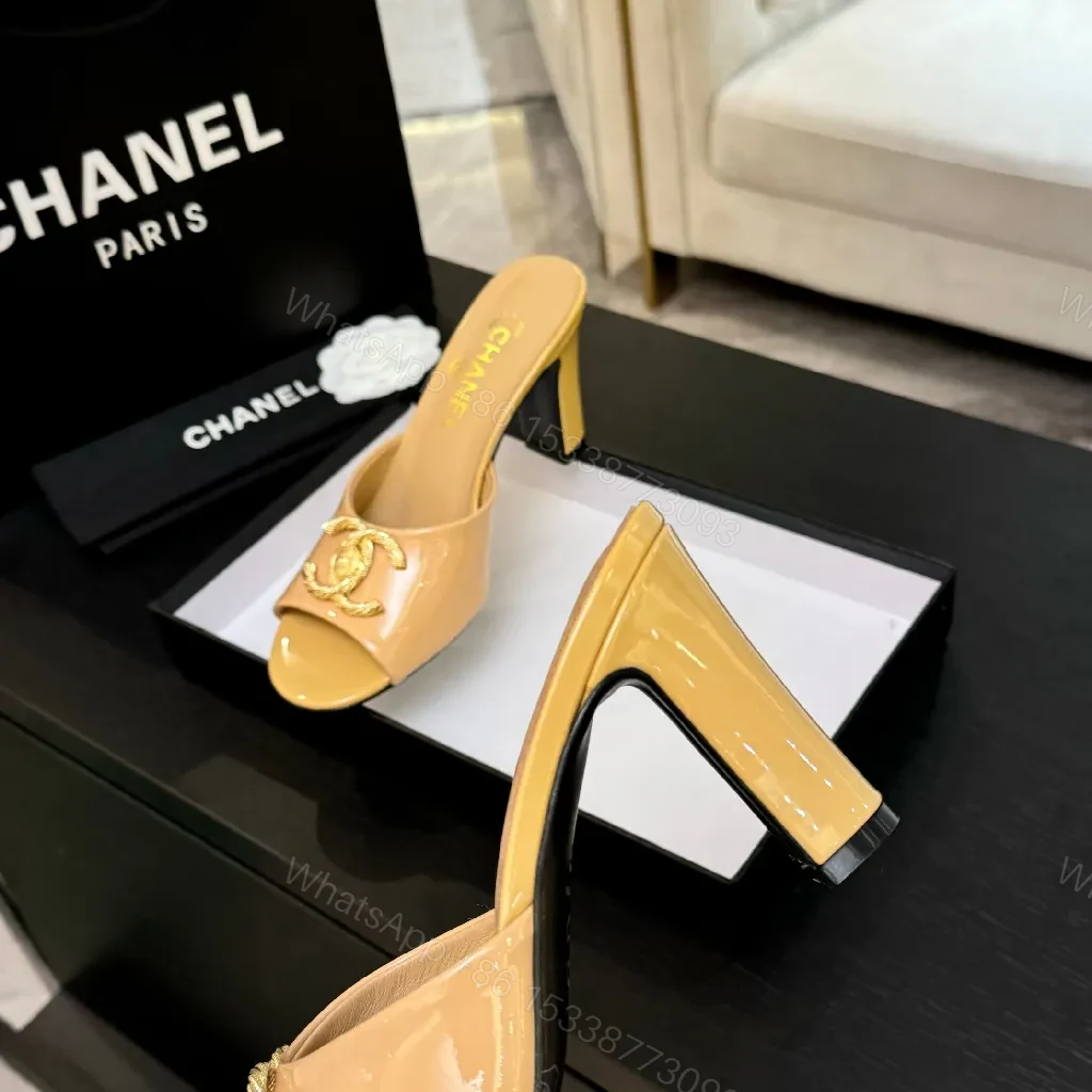 View 5 of Satin Mules: Nude-Toned, Gold-Emblem, Block Heel, Luxe Comfort