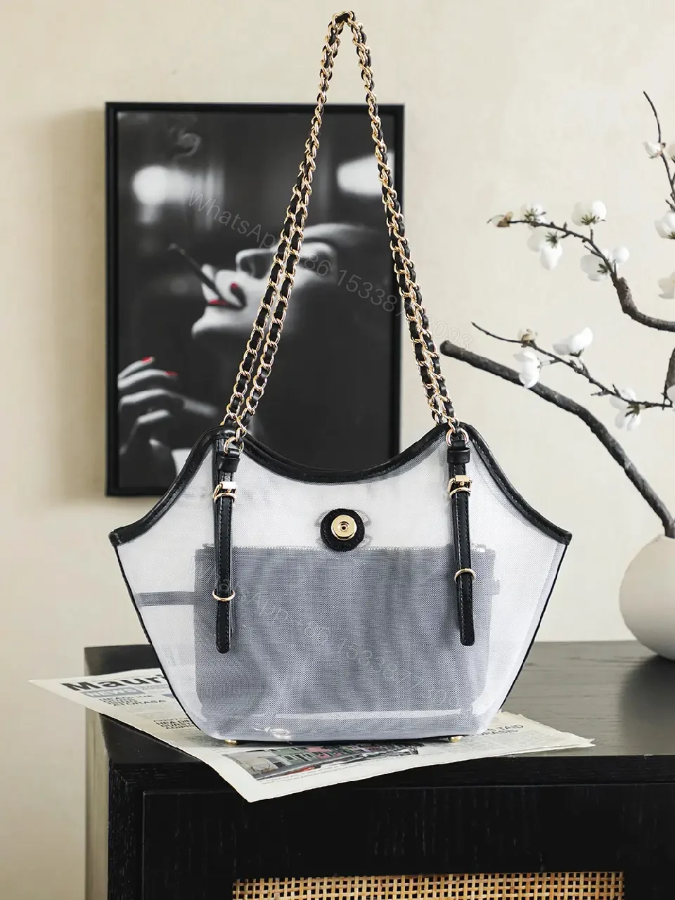 View 6 of White & Black Quilted Tote Mini Clutch with Gold Chanel Logo