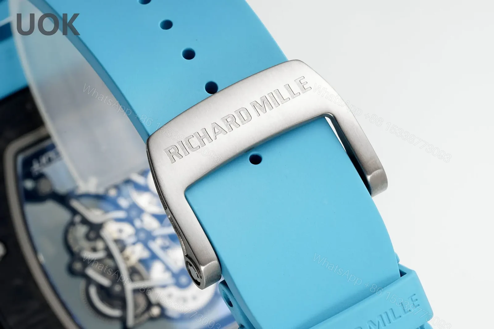 View 9 of Replica Richard Mille RM 55 Swiss Movement Super Clone Carbon Case Blue Rubber Strap