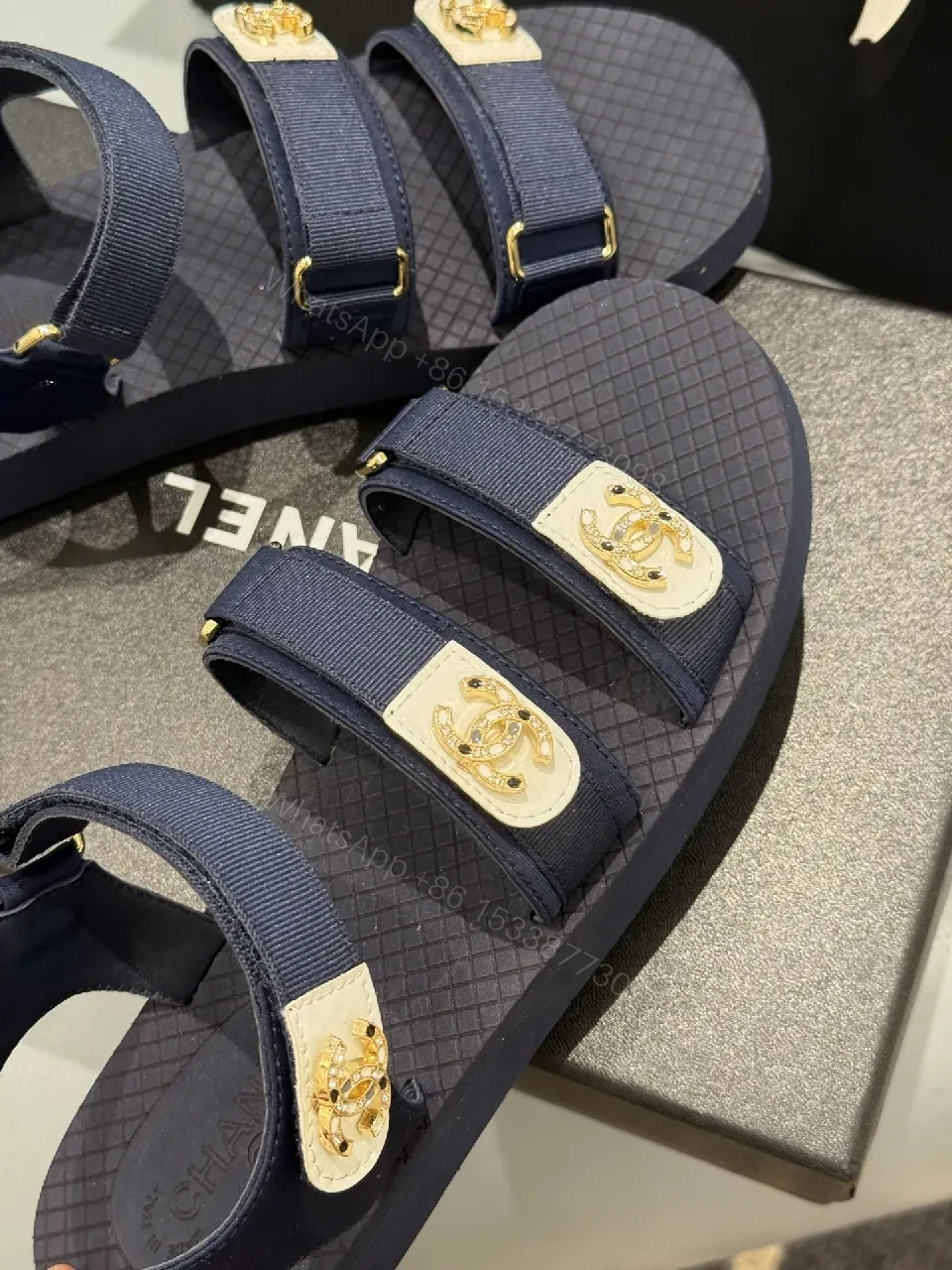View 6 of Navy Leather Sandals with Gold Accents, Luxe Casual Style