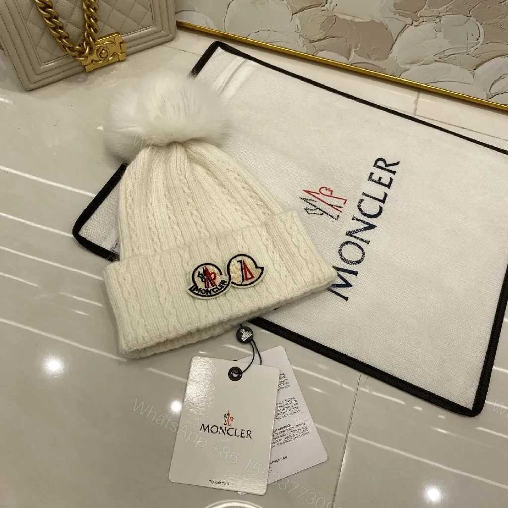 View 2 of Cozy Luxe Beanie with Pom Poms - Premium Warmth, Moncler Patch