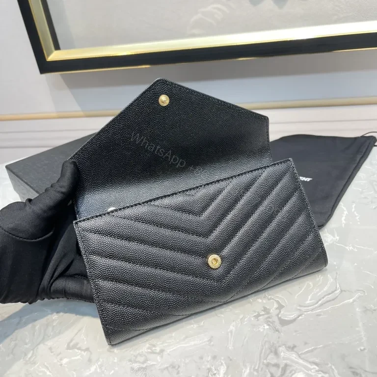 View 3 of Sleek Black Pebbled Leather Envelope Wallet - YSL Signature