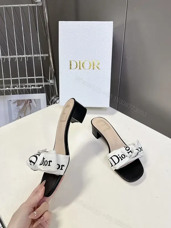 White Metalized Bow Dior-Logo Canvas Sandals — view 1
