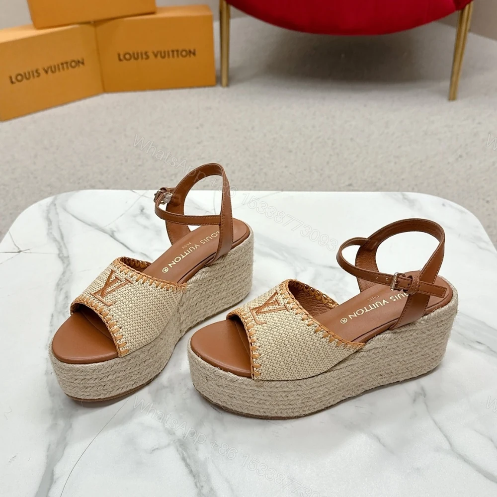 View 2 of LOUIS VUITTON HELIOS WEDGE SANDAL RAFFIA BROWN