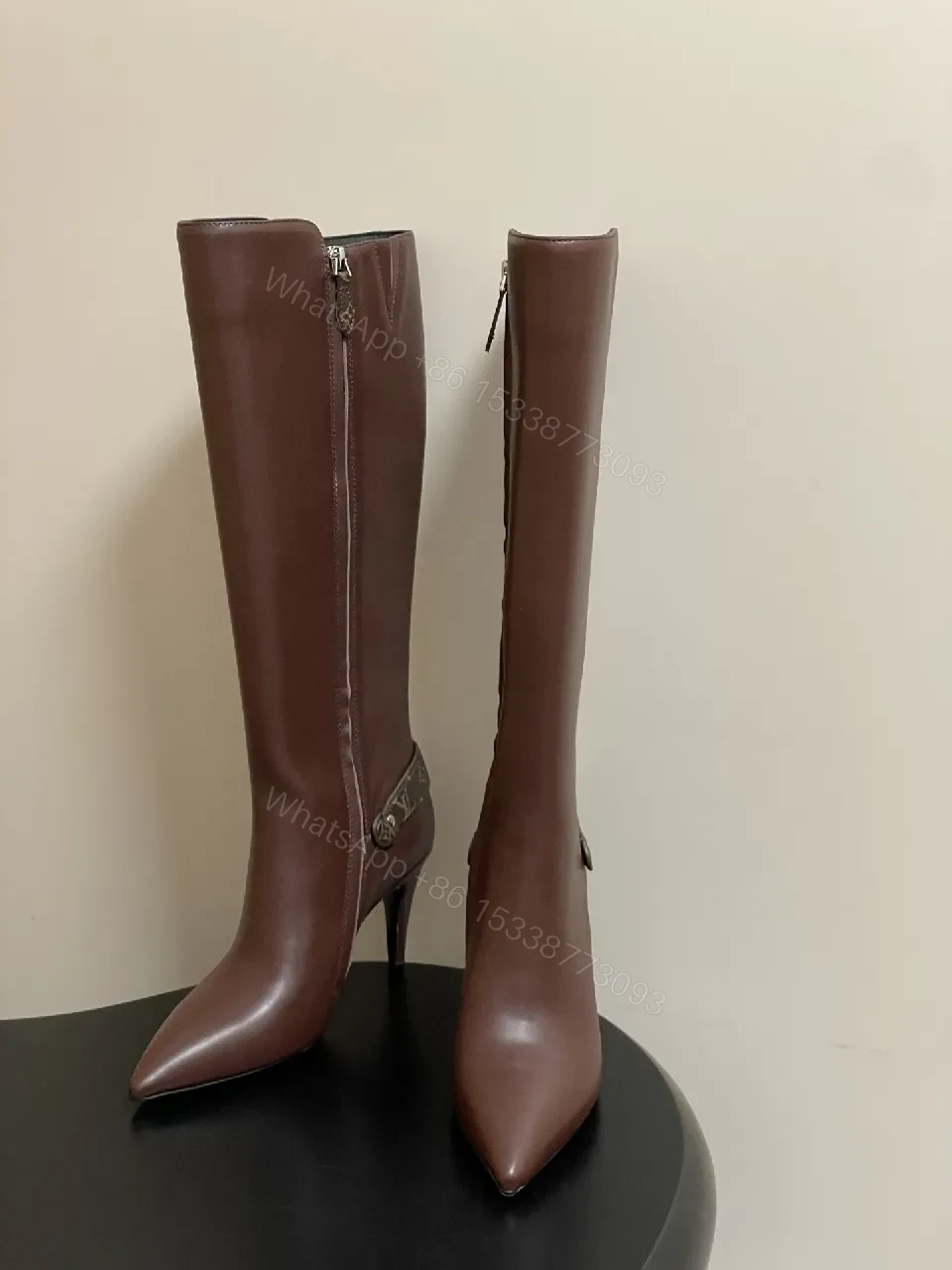 View 6 of Brown Leather Knee-High Boots with LV-Accent Details
