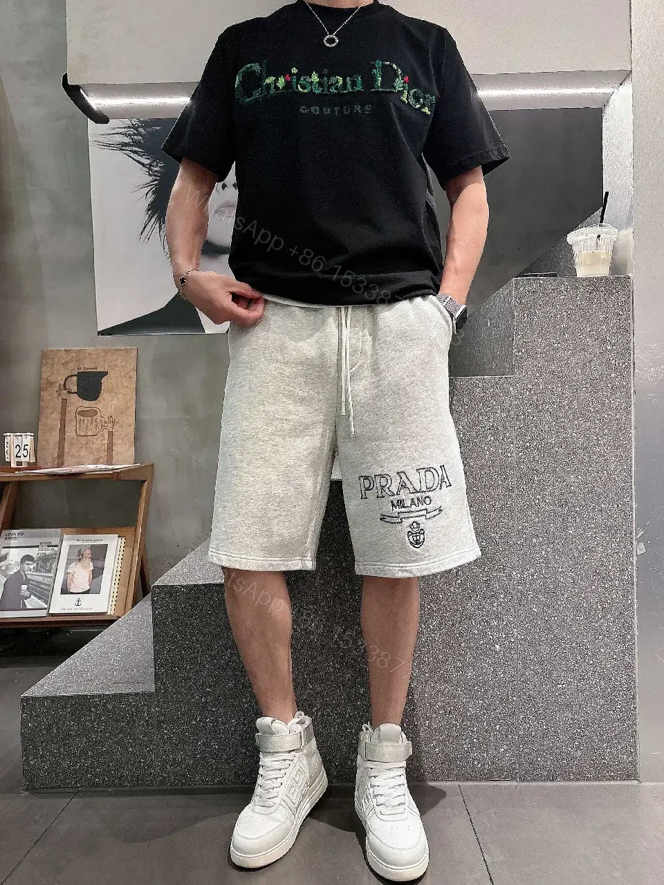 View 5 of Gray Hoodie Shorts Fabric Streetwear Drawstring Shorts