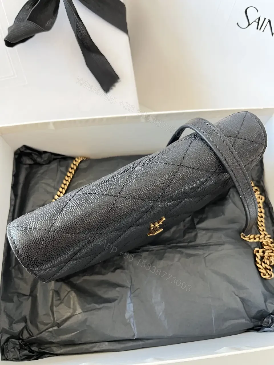 View 5 of Black Diamond Quilted Leather Flap Crossbody Bag with YSL Monogram Clasp
