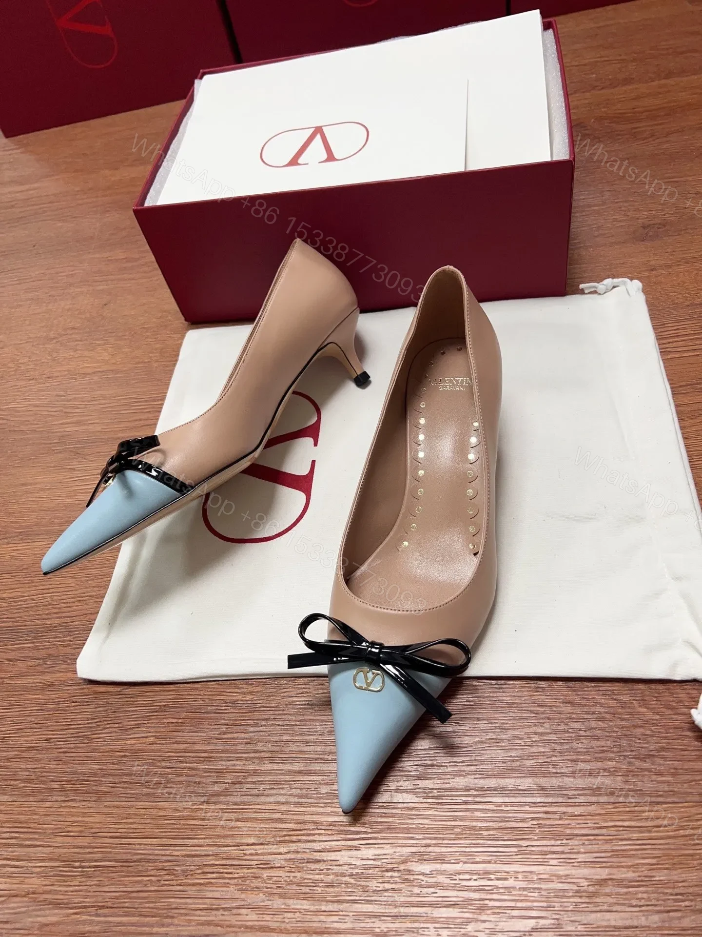 View 4 of Valentino Women Beige And Light Blue Leather Pumps