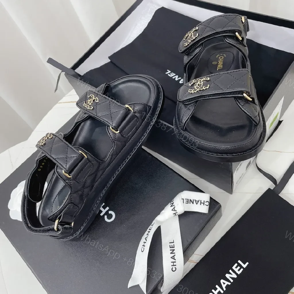 View 4 of Black Leather Sandals with Quilted Detail, Velcro Straps, Cushioned Comfort