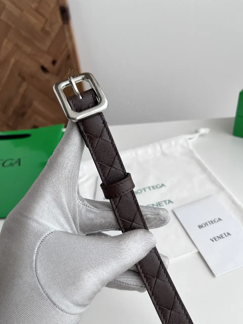 View 5 of Diamond-Quilted Leather Belt with Silver Buckle