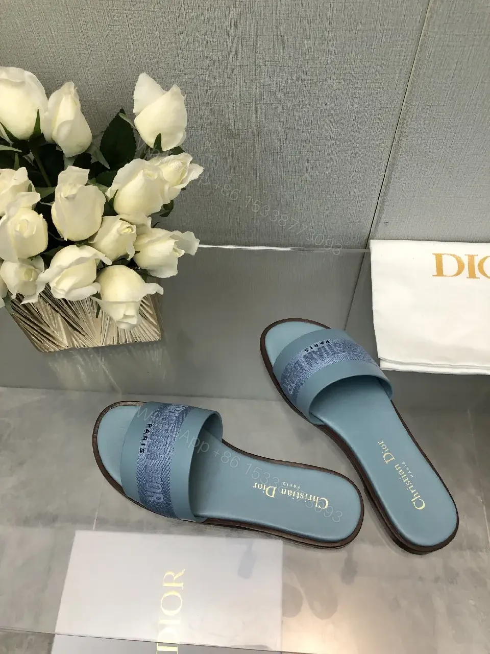 View 8 of Blue Denim Strap Slide Sandals Dior Paris Style Lightweight Comfort Sandal
