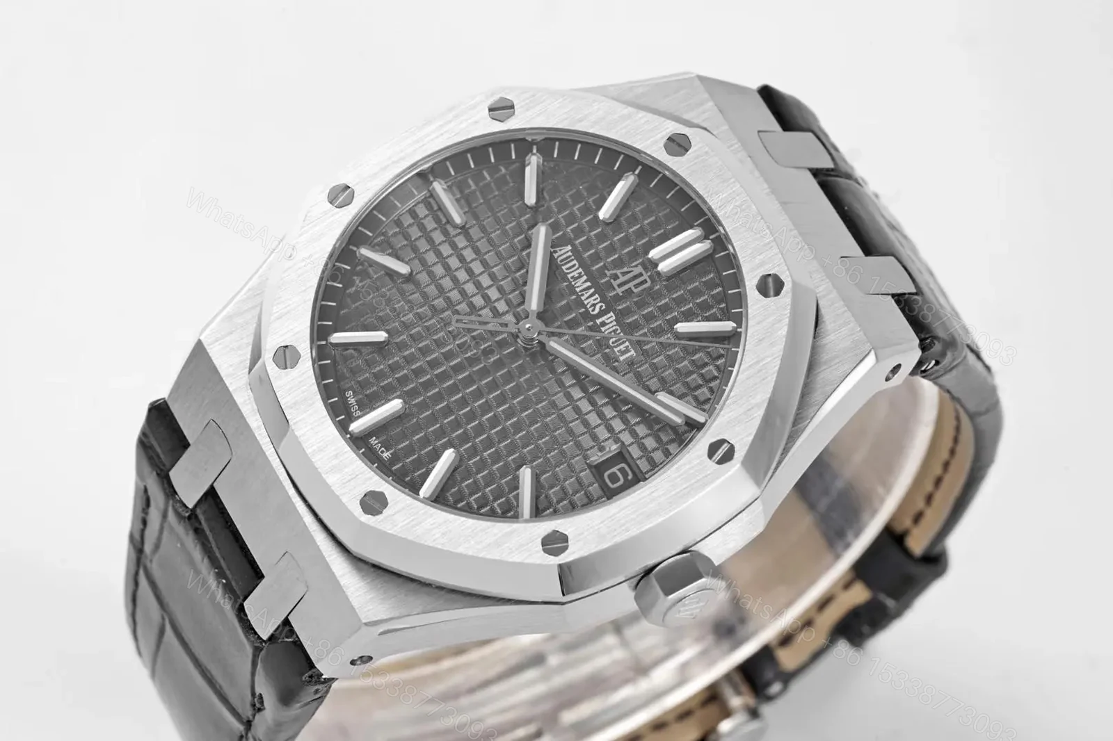 View 3 of V9 Factory Audemars Piguet Royal Oak 15500 Stainless Steel Watch with Black Dial and Leather Strap