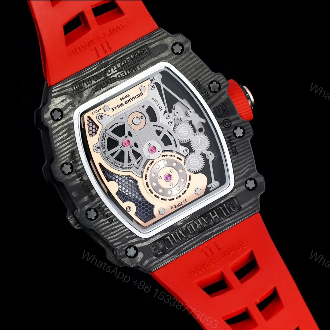 View 7 of Richard Mille RM21-01 Automatic Skeleton Watch 40MM Carbon Fiber Case Red Strap Aerospace Structure 20 Keyway Screws Premium Edition RM-RM21-01-CF-RED-SKL-40