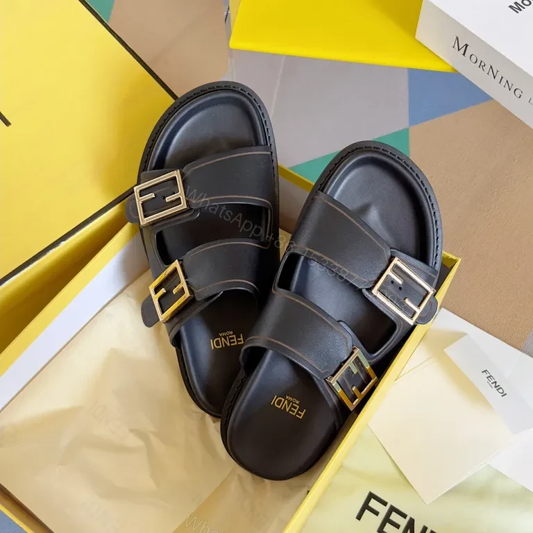 View 2 of Bold Leather Fendi Slides - Minimalist Luxury, Contoured Comfort
