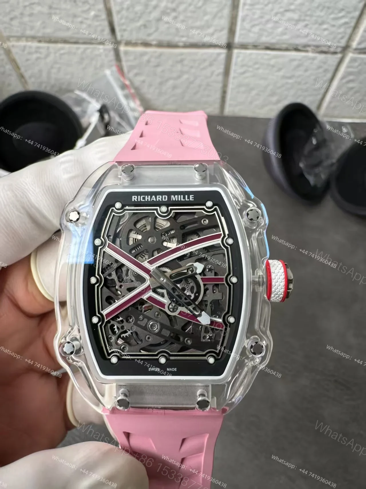 View 10 of Super Clone Richard Mille RM67-02 Sapphire Crystal Skeleton Tourbillon 1:1 Replica Watch with Pink Rubber Strap