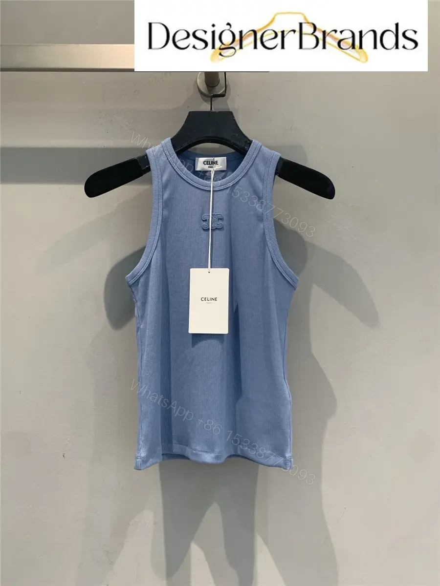 Celine Blue Silk-Cotton Blend Ribbed Tank Top — view 1