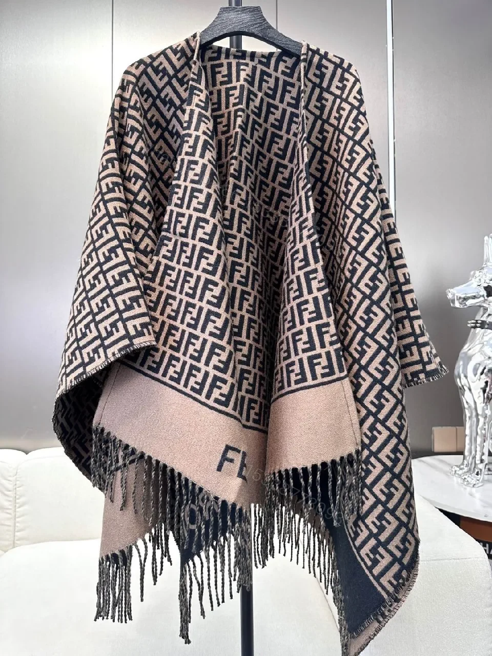 Two-Tone Knit Wrap Poncho: Open-Front Fringe, Cozy Luxury — view 1