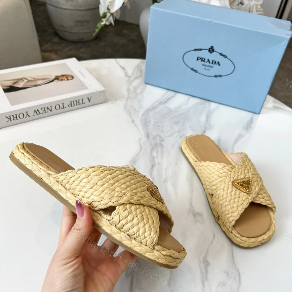 View 6 of PRADA RAFFIA CRISSCROSS SLIDES NATURAL