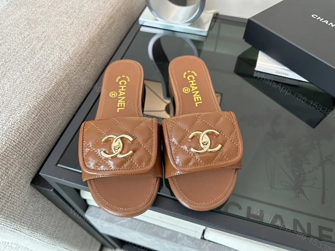 View 5 of Brown Quilted Sandals with Gold Logo, Open-Toe Slip-On, Luxury Style