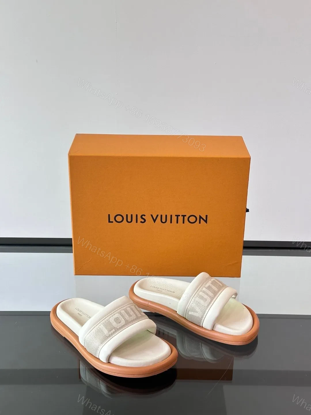 View 5 of LV Men Beige Fabric Slides With Brown Sole