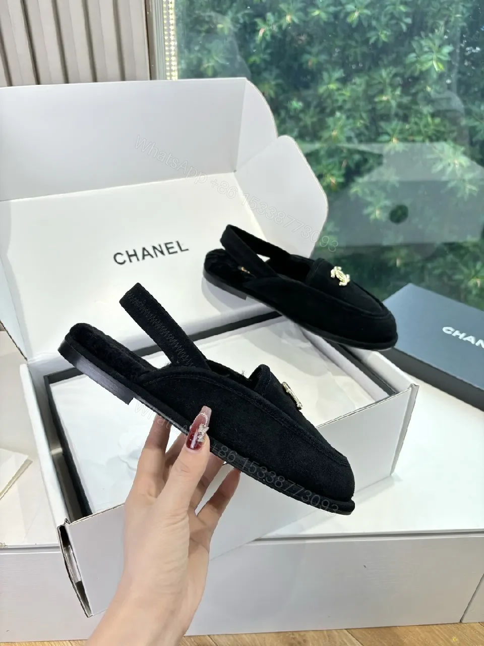 View 8 of Black Suede Loafers with Gold Logo Hardware