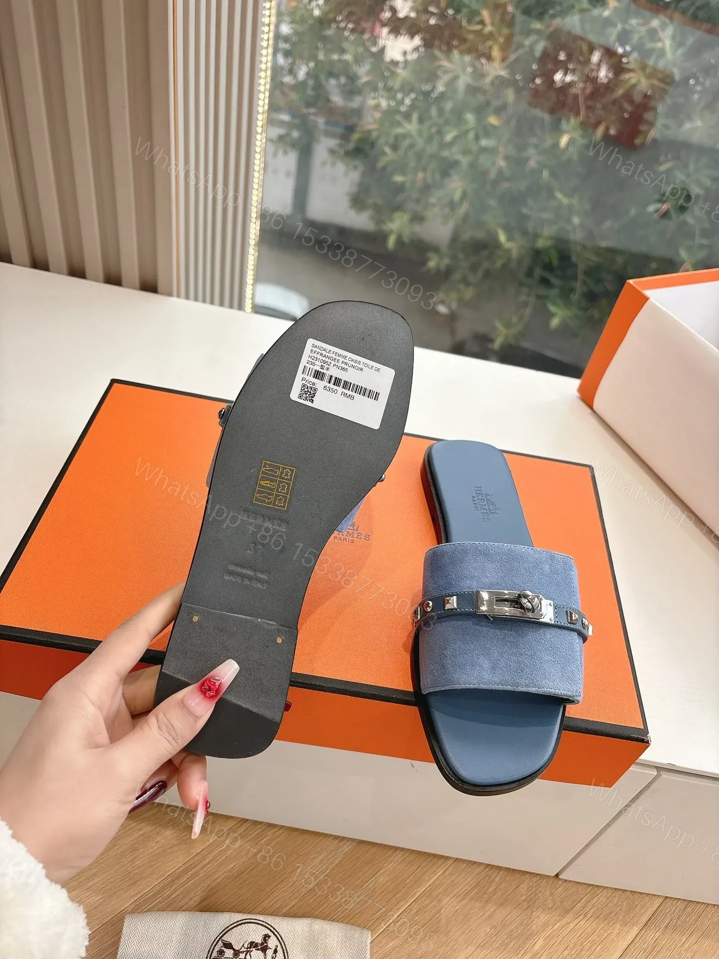 View 2 of Hermes Women Blue Suede Flat Slide Sandals