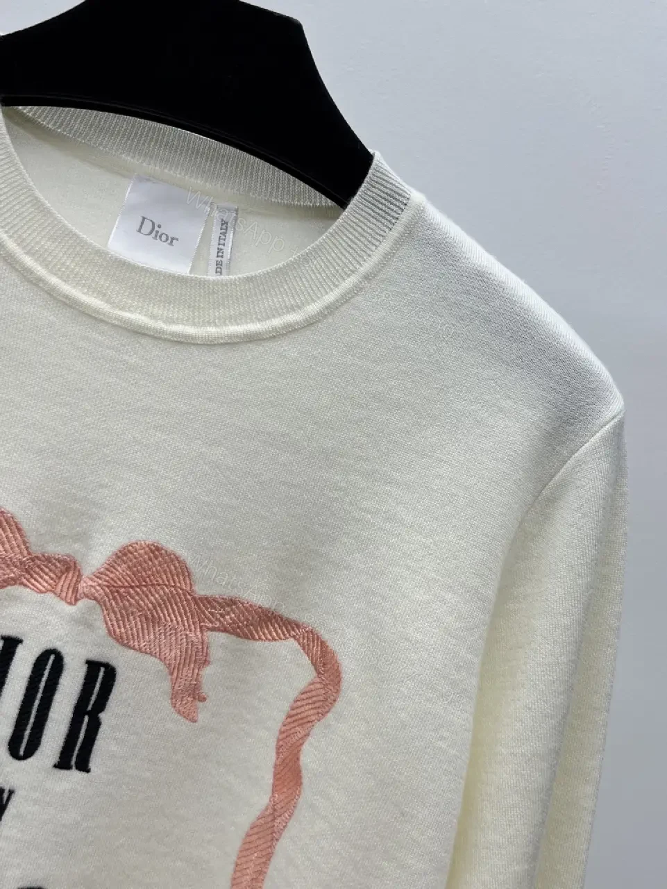 View 6 of cream cotton knit sweater with pink framed monogram print luxury casualwear