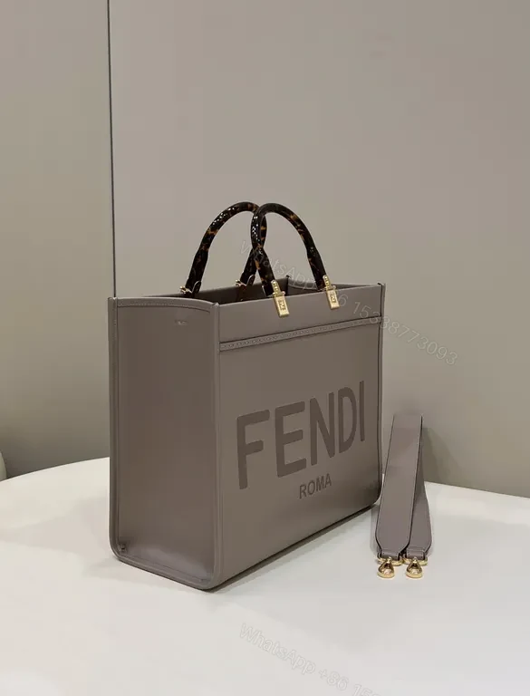View 4 of Taupe Leather Tote: Fendi ROMA Bold Logo, Structured Style