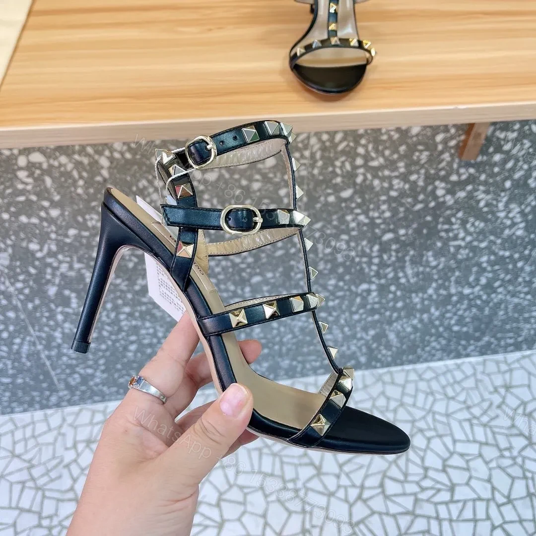 View 4 of Valentino Women Black Leather Studded Strappy Heels