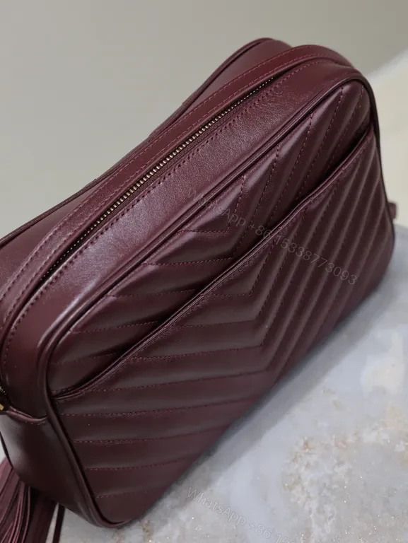 View 2 of Rich Calfskin Burgundy Quilted Crossbody â€“ YSL Monogram, Structured Luxury