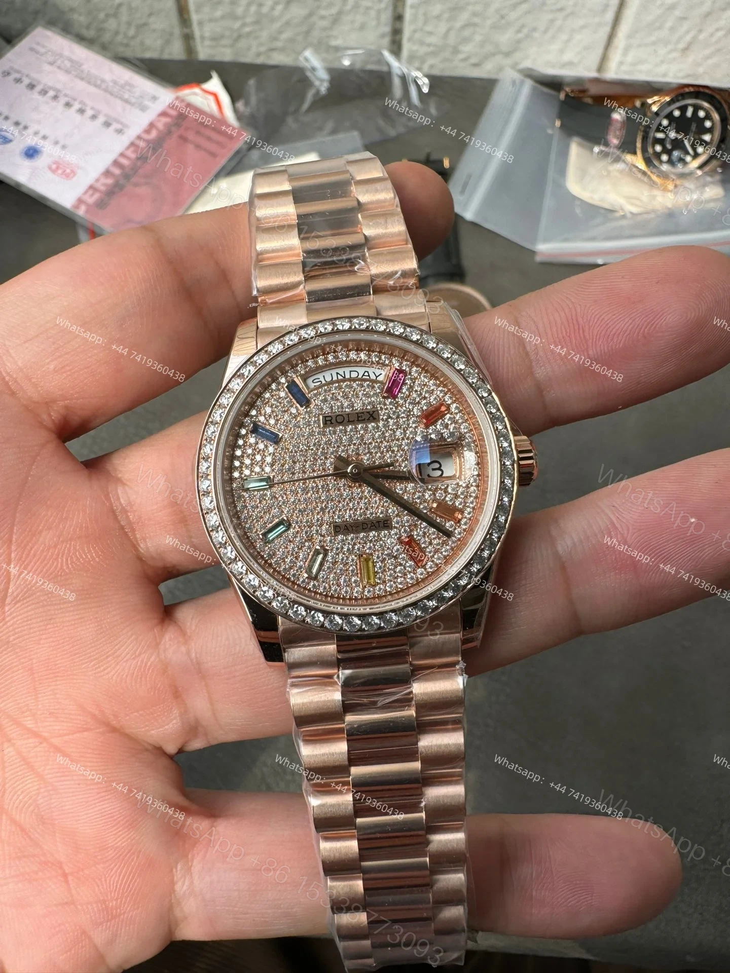View 4 of Rolex Day-Date M128235-0039 1:1 Replica Moissanite Rainbow Diamond Dial 36MM 3255 Movement Presidential Bracelet Super Clone Watch