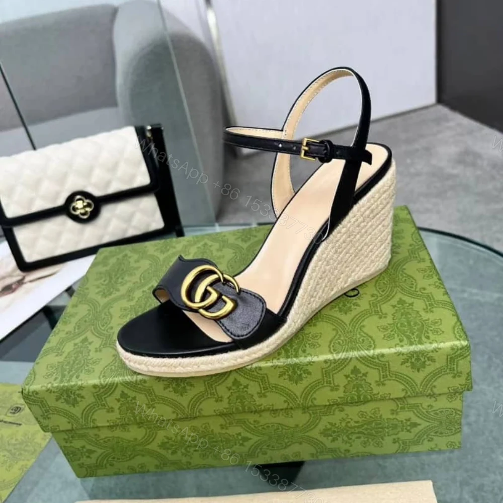 View 2 of Gucci Wedge Espadrille Sandals Black 8Cm