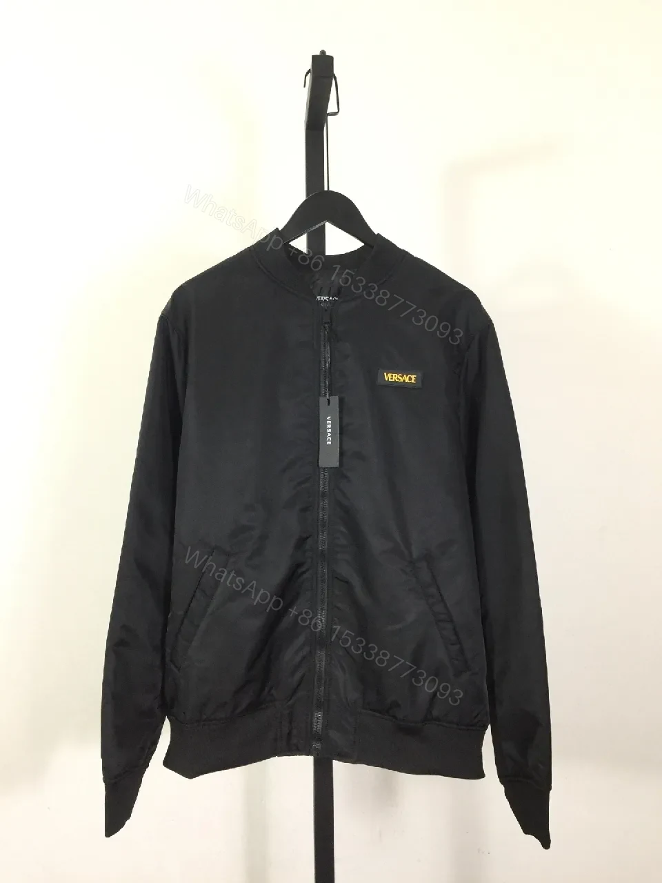 Black Bomber Jacket - Versace Patch, Minimalist Edge, Windproof Outerwear — view 1