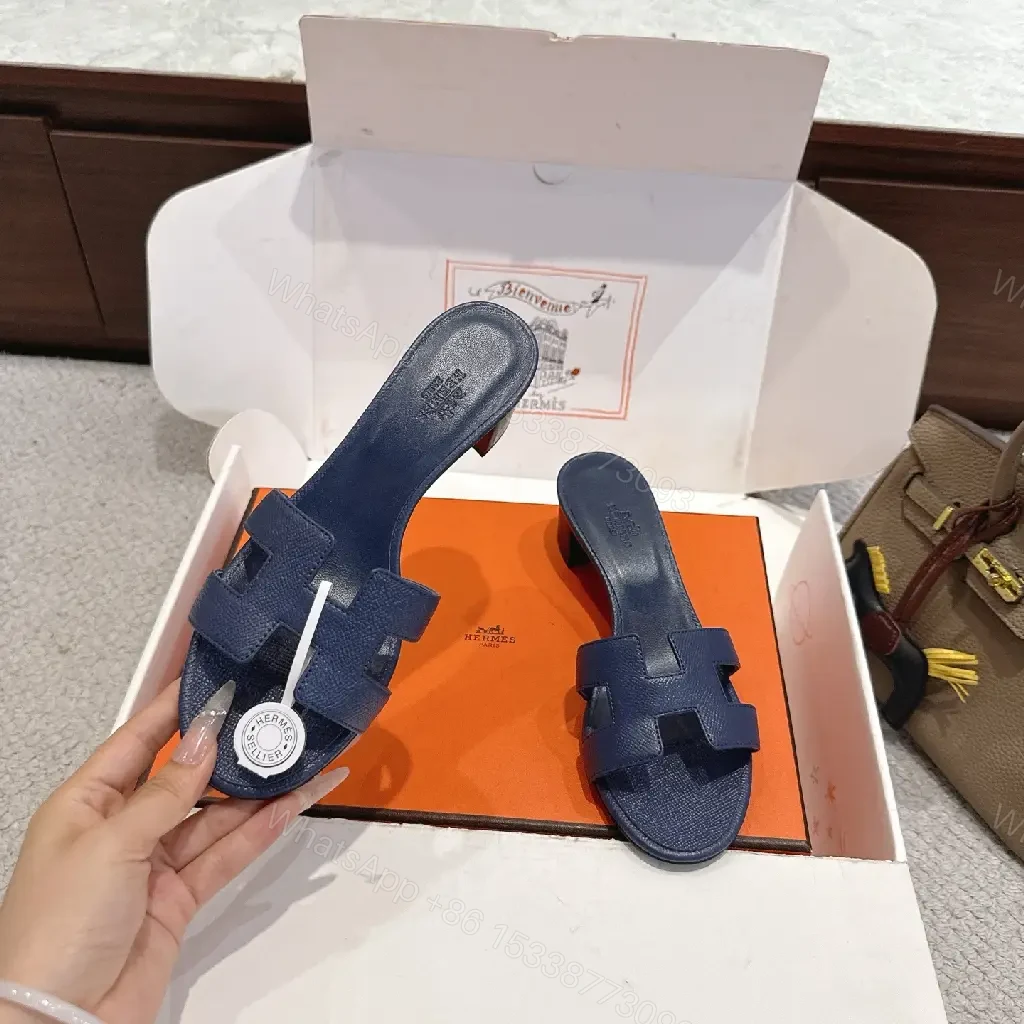 View 6 of Navy Leather Hermès-Inspired Sandals Blue Slide Sandals