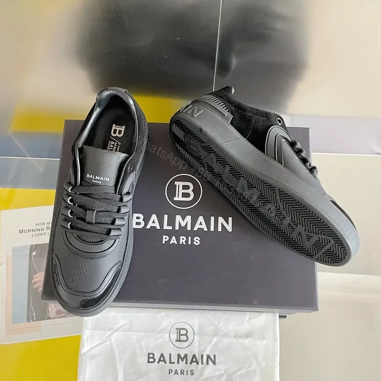 View 6 of Monochrome Mastery: Black Leather Balmain Sneaker, Luxury Casual
