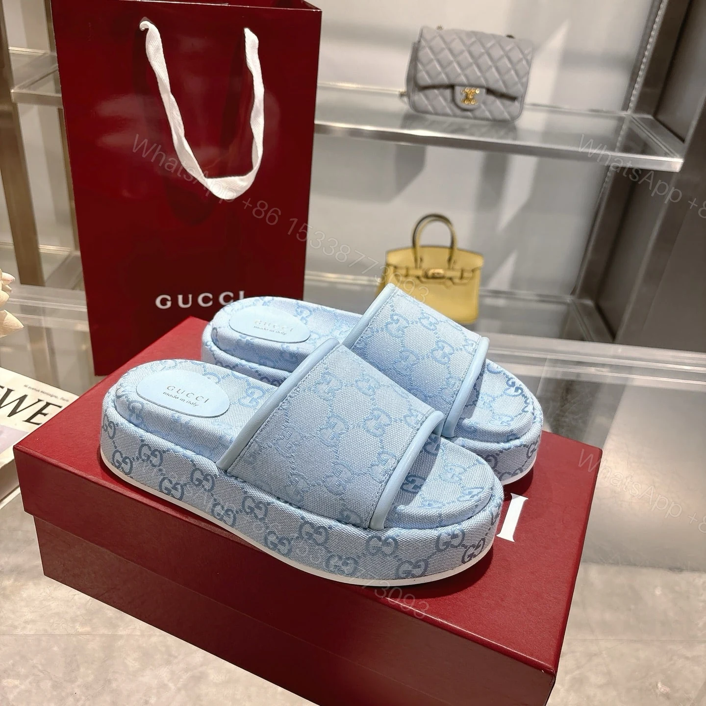 View 2 of GUCCI WOMEN’S GG PLATFORM SANDAL LIGHT BLUE ‎816797 FAD9D 4952