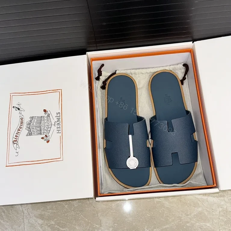 View 5 of Premium Textured Navy Slide Sandals with Leather Detail
