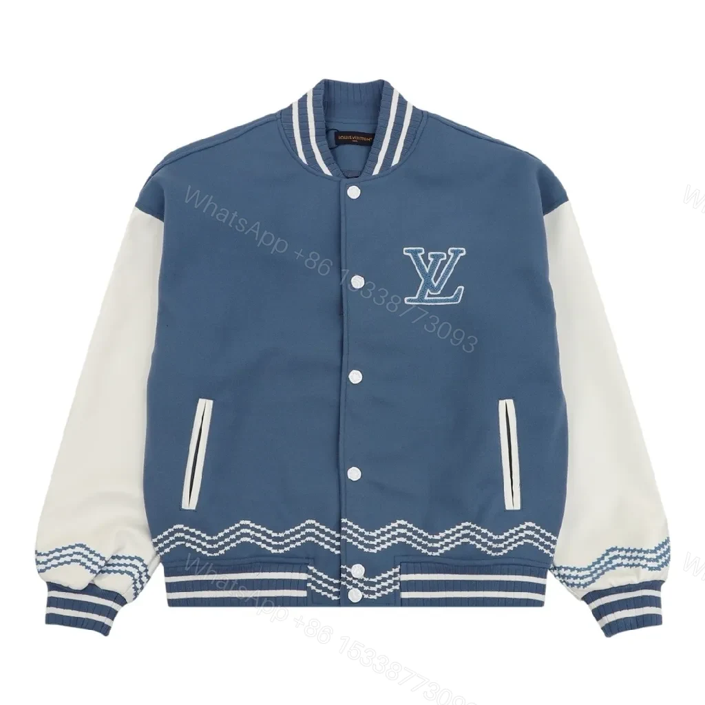 Blue & Ivory Varsity Jacket – Textured Color Blocking, Brushed KnitComfort — view 1