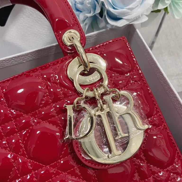 View 5 of Glossy Red Dior-Style Structured Handbag with Gold Hardware